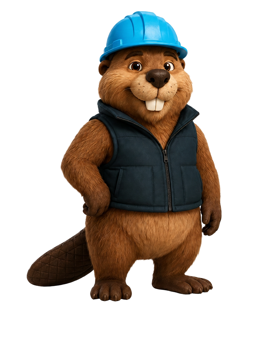 Toki, castor com capacete azul e colete, mascote do DEV Lançamentos